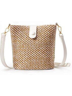 Women's White Handmade Rattan Shoulder Bags Beach Summer Handwoven Straw